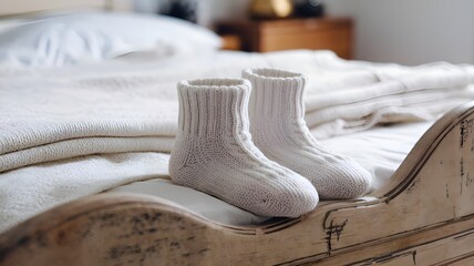 Close-up of white knitted socks on a white blanket-covered wooden bed, created with Generative AI technology