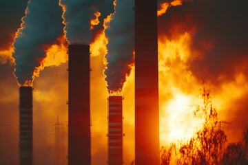 Industrial emissions billowing from smokestacks with copy space. Harsh lighting. Industrial background
