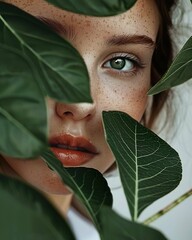 A woman's face is partially hidden by a leaf