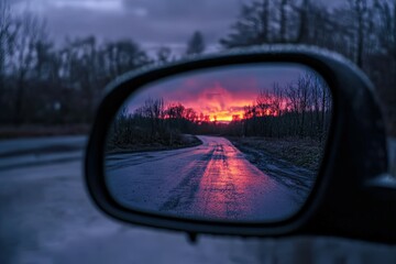Colorful sunset sky in a rear-view mirror at night. Beautiful simple AI generated image