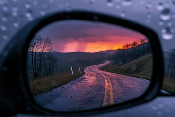 Colorful sunset sky in a rear-view mirror at night. Beautiful simple AI generated image