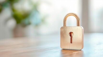 A shiny gold padlock stands on a wooden surface, with a blurred background of greenery, symbolizing security and protection.