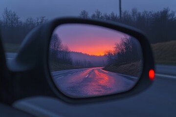 Fototapeta premium A rocky mountain peak in the side-view mirror of a car; the view behind a vehicle in a mountainous area, covered in snow.. Beautiful simple AI generated image