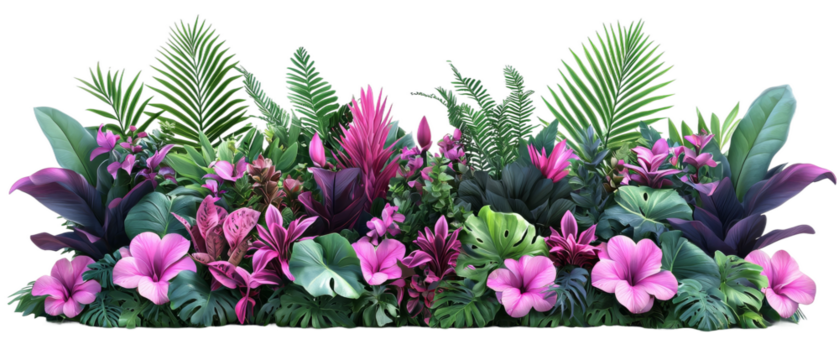 Vibrant tropical foliage arrangement featuring lush purple and green plants with delicate pink flowers on a transparent background - Powered by Adobe