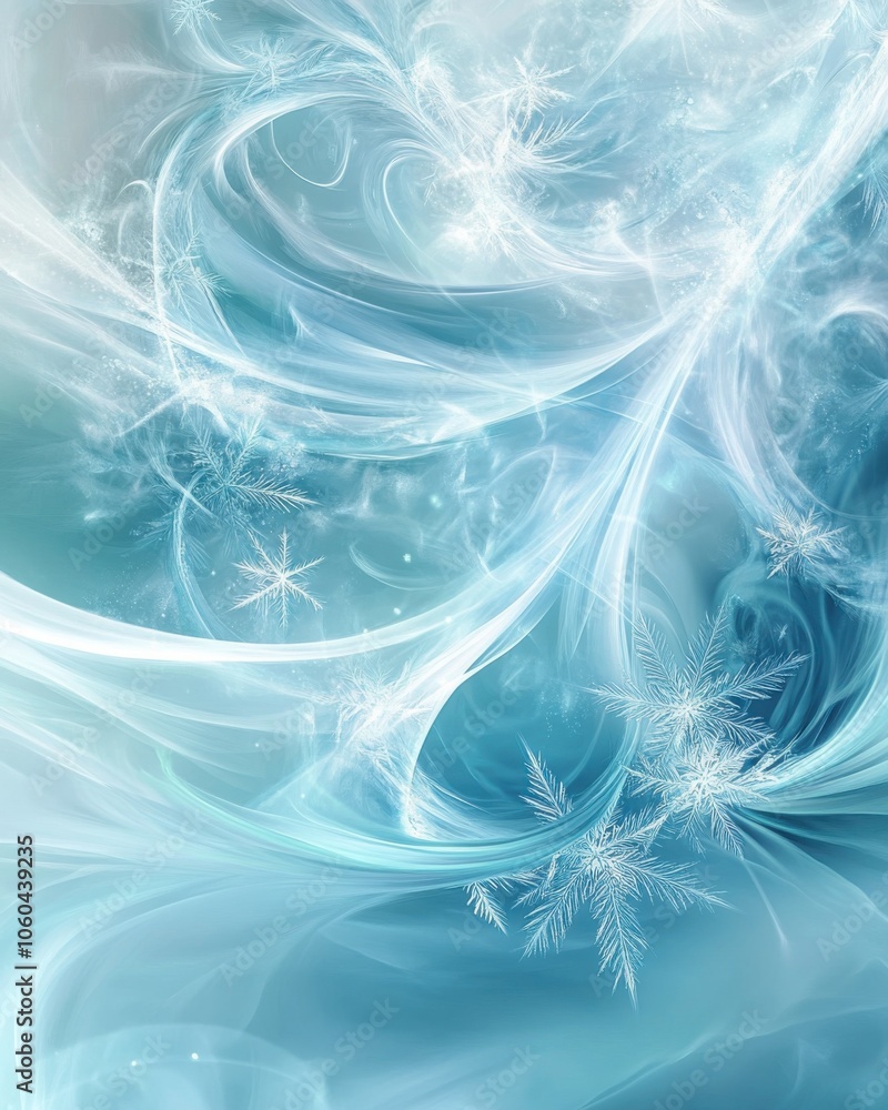 Poster Abstract blue and white swirls with intricate snowflake patterns.