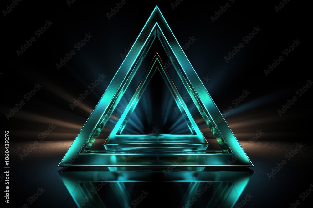Poster a glowing, transparent triangular structure with light effects, creating a futuristic ambiance.