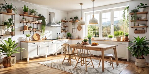 Bright Airy Cottage Kitchen Dining Room with Boho Decor and Natural Light