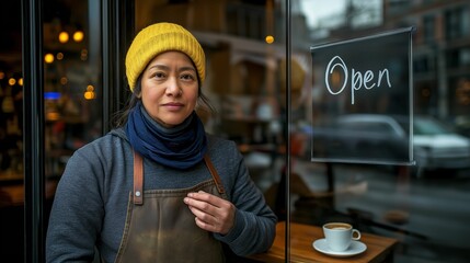 Female Barista Outside Cafe with Open Sign
Woman barista wearing a yellow beanie standing in front of her cafe with an “Open” sign and a coffee cup