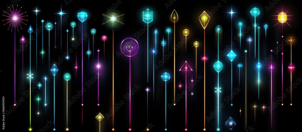 Poster a vibrant display of colorful light patterns and shapes against a dark background.