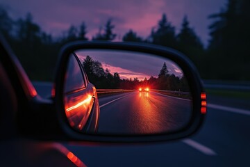 Colorful sunset sky in a rear-view mirror at night. Beautiful simple AI generated image