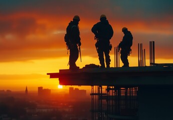 Workers Standing on Edge of Building Framework Overlooking City at Sunset