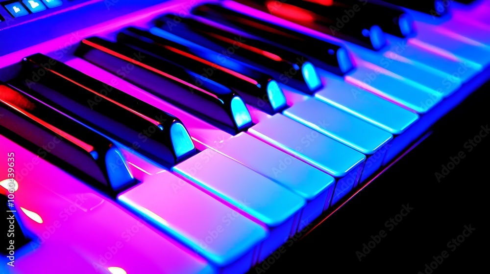 Poster close up of illuminated piano keys abstract gradient background with copy space