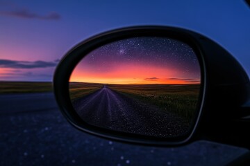 Fototapeta premium A rocky mountain peak in the side-view mirror of a car; the view behind a vehicle in a mountainous area, covered in snow.. Beautiful simple AI generated image