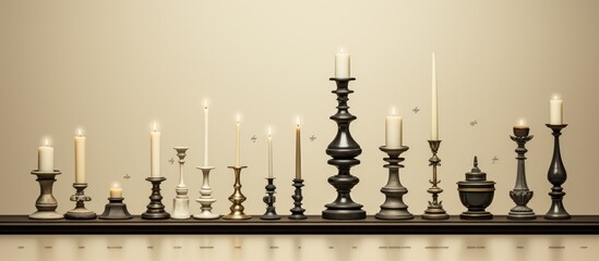 A collection of decorative candlesticks with candles arranged on a shelf.