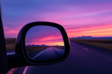 Obraz premium Colorful sunset sky in a rear-view mirror at night. Beautiful simple AI generated image