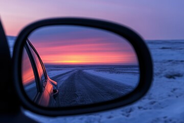 Looking In Rear View Mirror. Reflection of Twilight Sky and Sunset on Two-lane Winding Road. Beautiful simple AI generated image