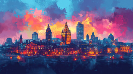 Obraz premium Leeds, UK, Pop Art style theme print. Cityscape, city skyline.Vibrant, bright, modern, trendy, graphic designed for poster, card, wallpaper