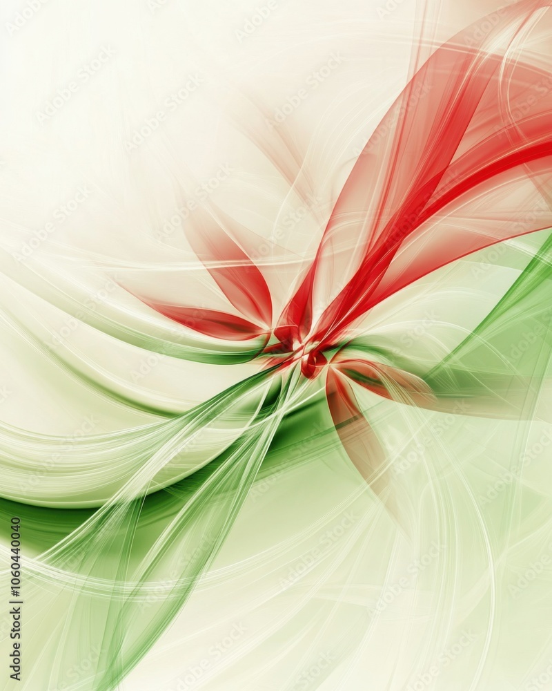 Poster abstract digital art with flowing red and green shapes on a light background.