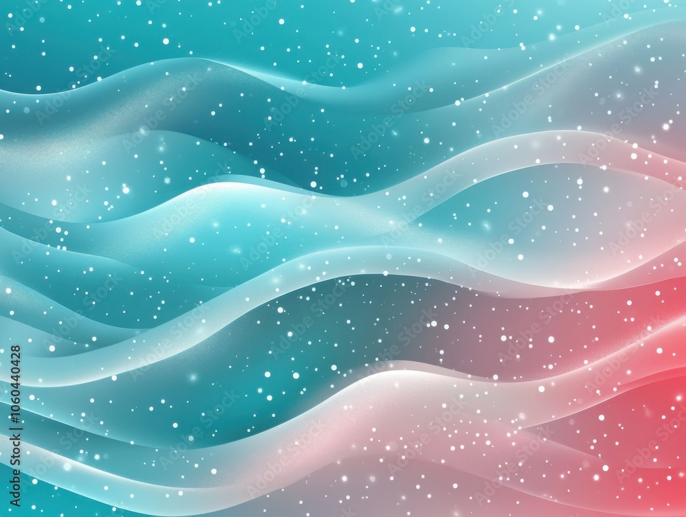 Aufkleber abstract flowing waves in blue and red tones with soft snowflakes overlay.