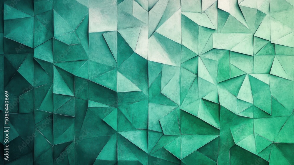 Poster abstract geometric background with green tones and triangular shapes, ideal for design.