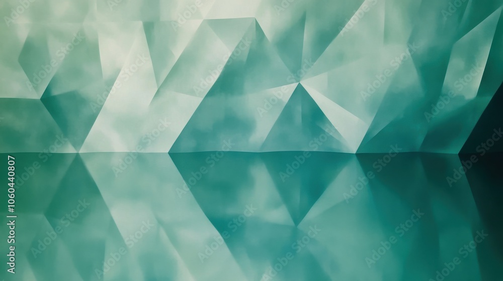 Poster abstract green polygonal background with reflective surface and geometric patterns.