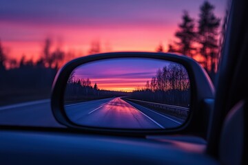Looking In Rear View Mirror. Reflection of Twilight Sky and Sunset on Two-lane Winding Road. Beautiful simple AI generated image