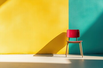 Red chair with colorful wall background	