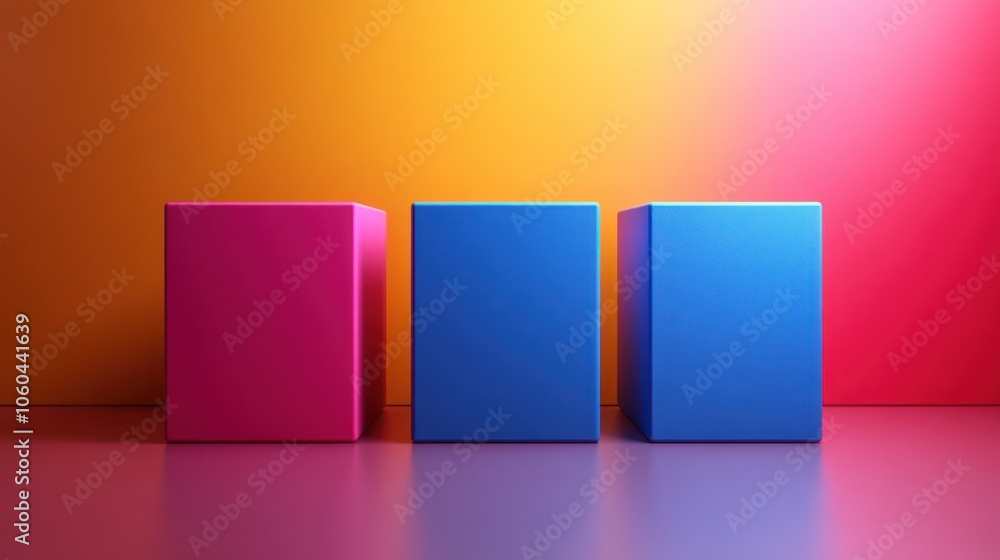 Poster three colorful cubes against a gradient background, emphasizing geometric simplicity.