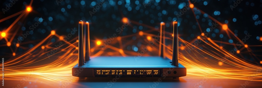 Poster glowing lines create an abstract network visualization around a router and connected cables, symboli