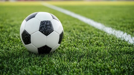 Fototapeta premium Soccer Ball on Green Grass Field with White Line