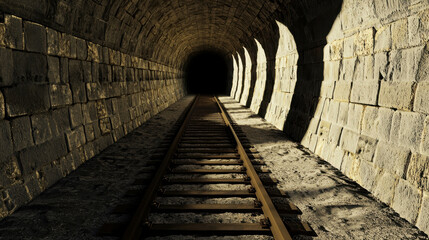 Dark Tunnel with Railroad Tracks: Mysterious journey into the unknown, a railroad track disappearing into the darkness of a stone tunnel.  A sense of adventure and the unknown awaits