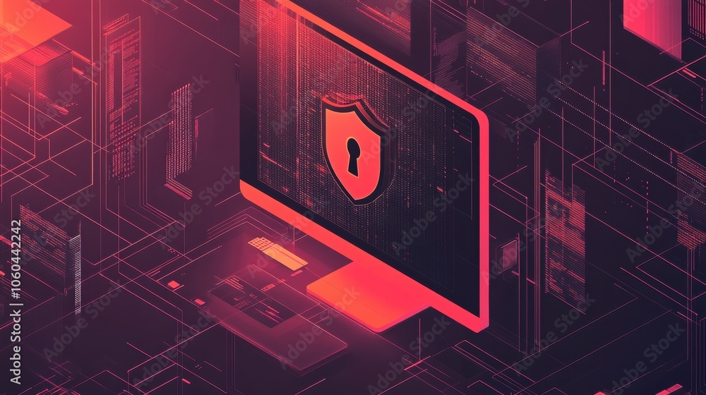 Leinwandbilder A computer display shows a shield and lock icon, symbolizing digital security and the protection of online information effectively. Generative AI