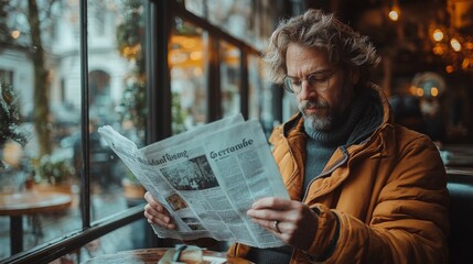 Man Reading Newspaper in a Cafe