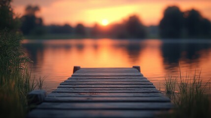 Fototapeta premium Wooden dock leading towards a lake with a sunset in the background.