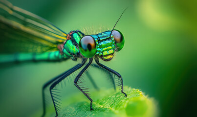 Close up macro shot of green dragonfly with big eyes, resting on green leaf