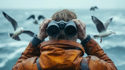 Man Using Binoculars to Watch Birds on a Misty Sea