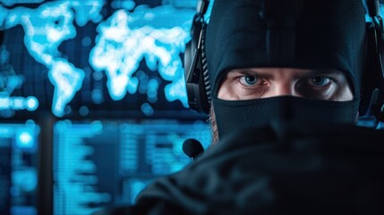 A masked individual with headphones focuses intently on computer screens displaying data and a world map, suggesting a cyber operations context.