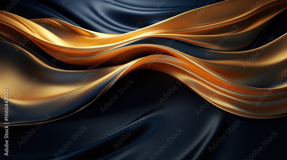 Poster a flowing fabric design with golden and dark waves creating a dynamic visual effect.