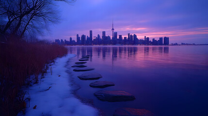 Obraz premium City Skyline with Snow and Stepping Stones - Realistic Photo