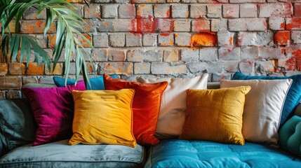 Vibrantly colored pillows on a couch against brick wall