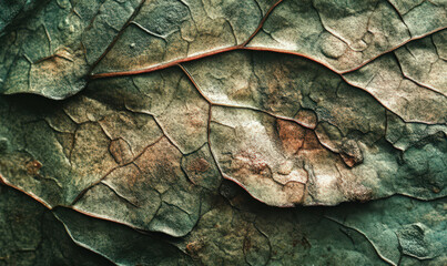 Close up macro shot of textured leaf with intricate details and subtle colors