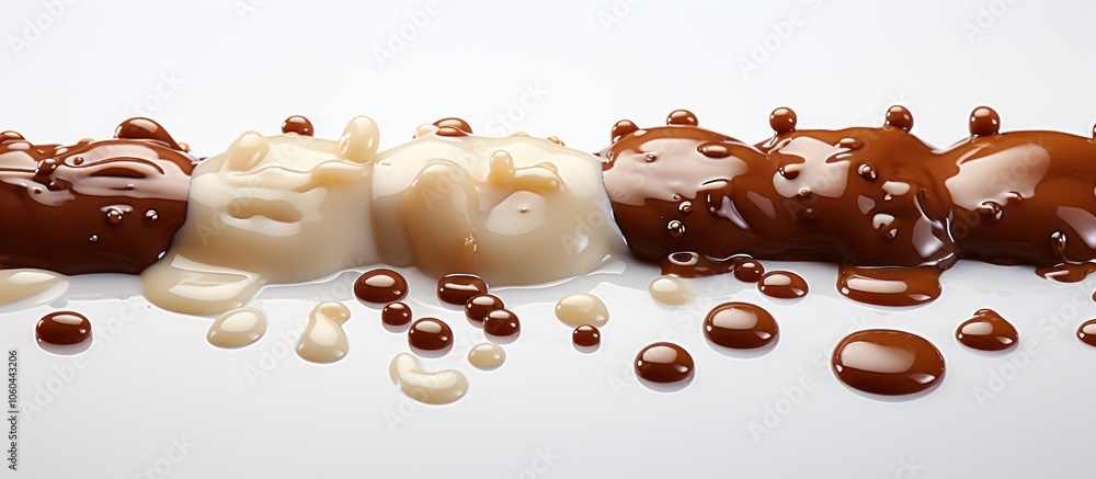 Poster drizzling chocolate in various shades, creating a visually appealing dessert display.
