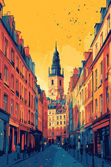 Fototapeta premium Lille, France, Pop Art style theme print. Cityscape, city skyline.Vibrant, bright, modern, trendy, graphic designed for poster, card, wallpaper