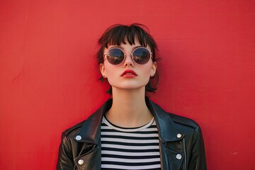 A young woman in stylish and sunglasses poses against the background of a red wall, wearing a black leather jacket