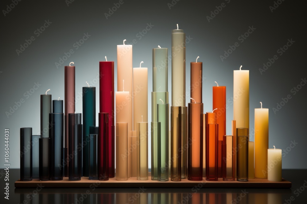 Poster a colorful arrangement of candles in varying heights and colors, creating an artistic display.