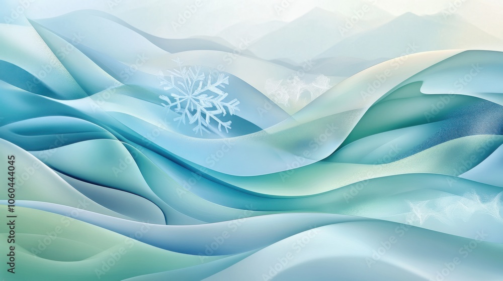 Poster abstract waves in cool colors with a snowflake, creating a tranquil winter feeling.