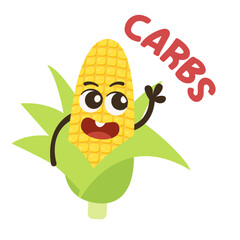 Cheerful Cartoon Corn Character with Carbs Text