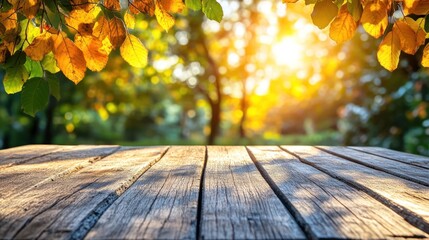Naklejka na ściany i meble Wooden table top with blurred autumn foliage background.