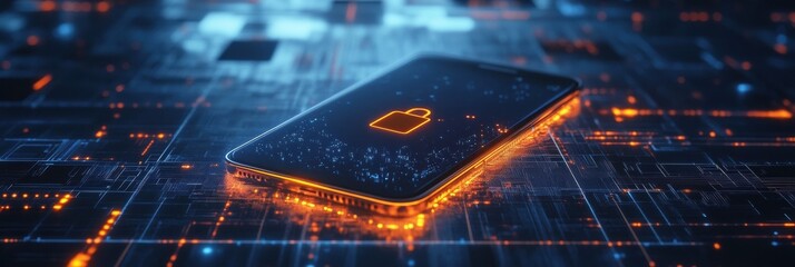 The smartphone showcases a prominent lock icon on its screen, surrounded by a vibrant digital network, indicating enhanced security measures. Generative AI