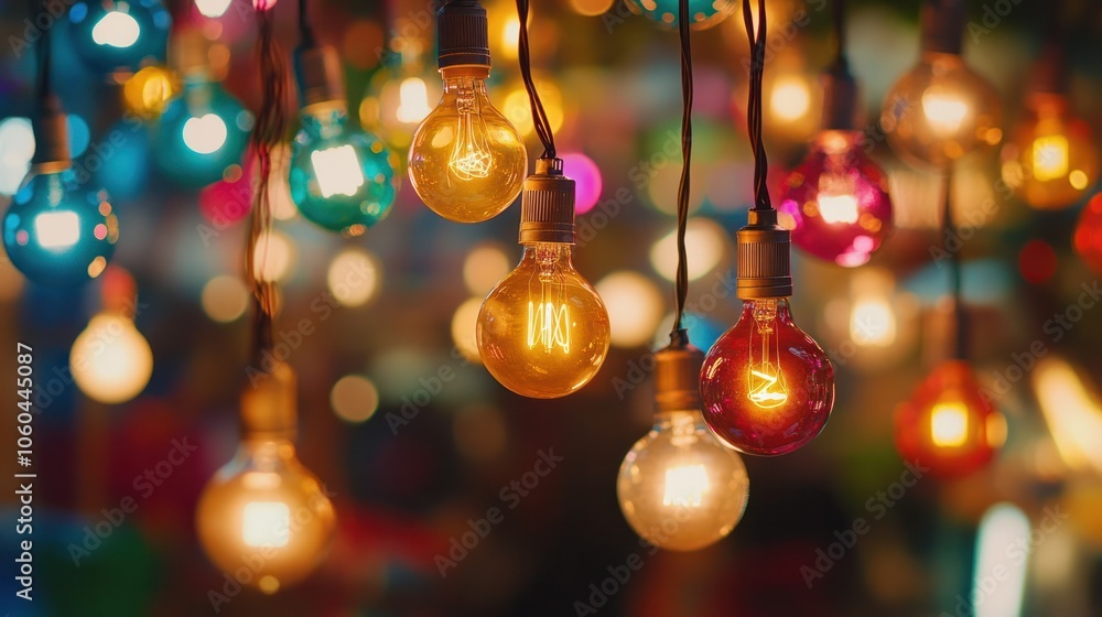 Poster an array of colorful light bulbs hanging from a wire in an artistic arrangement, showcasing various 